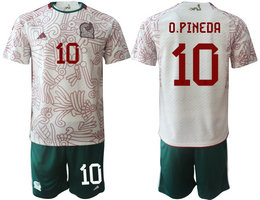 Mexico #10 O.PINEDA White Away 2022 World Cup National Soccer Jersey