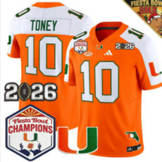 Miami Hurricanes #10 Malachi Toney Orange White 2026 Fiesta Bowl Champion Stitched Football Jersey