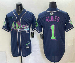 Nike Atlanta Braves #1 Ozzie Albies Navy Galaxy With Outkast Patch Vapor Baseball Jersey