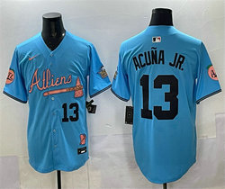 Nike Atlanta Braves #13 Ronald Acuna Jr. Blue 2024 Atliens and Peach With Outkast Patch Baseball Jersey