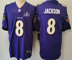 Nike Baltimore Ravens #8 Lamar Jackson Purple 2023 F.U.S.E. With 2024 Super Bowl (LVIII ) patch Jersey
