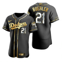 Nike Los Angeles Dodgers #21 Walker Buehler Black Golden 2020 World Series Champions Jersey