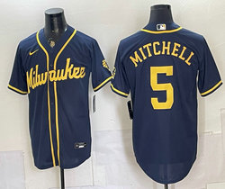 Nike Milwaukee Brewers #5 Garrett Mitchell Navy With Home Bob Uecker Patch Jersey