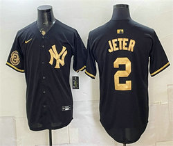 Nike New York Yankees #2 Derek Jeter Black Gold With Patch Stitched Baseball Jersey