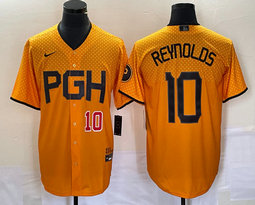 Nike Pittsburgh Pirates #10 Bryan Reynolds Gold City Red 10 in front Game Authentic stitched MLB jersey