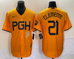 Nike Pittsburgh Pirates #21 Roberto Clemente Gold City P in front Game Authentic stitched MLB jersey