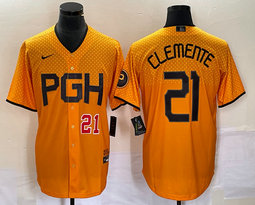 Nike Pittsburgh Pirates #21 Roberto Clemente Gold City Red 21 in front Game Authentic stitched MLB jersey