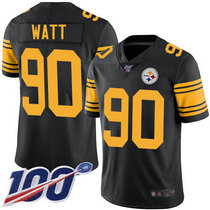 Nike Pittsburgh Steelers #90 T. J. Watt With 100th Season Patch Black Rush Authentic stitched NFL jerseys