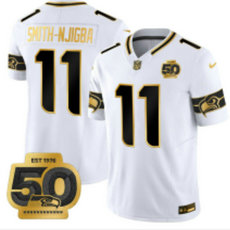 Nike Seattle Seahawks #11 Jaxon Smith-Njigba White Gold Name 50th Season Patch Jersey