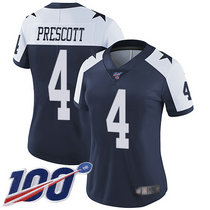 Women's Nike Dallas Cowboys #4 Dak Prescott 100th Season Blue Thanksgiving Vapor Untouchable Authentic Stitched NFL Jersey