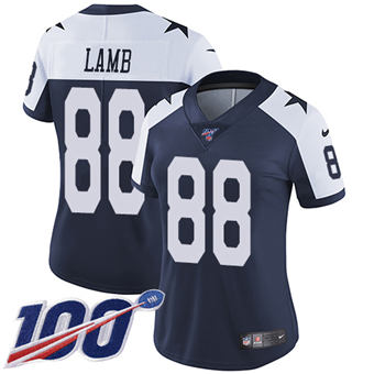 Women's Nike Dallas Cowboys #88 CeeDee Lamb 100th Season Blue Thanksgiving Vapor Untouchable NFL Jersey