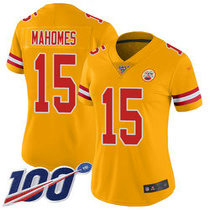 Women's Nike Kansas City Chiefs #15 Patrick Mahomes With 100th Season Patch Yellow Inverted Legend Vapor Untouchable Authentic Stitched NFL jersey