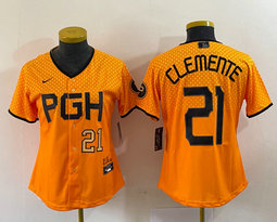 Women's Nike Pittsburgh Pirates #21 Roberto Clemente Gold City Gold 22 in front Authentic stitched MLB jersey