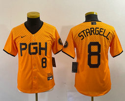 Women's Nike Pittsburgh Pirates #8 Willie Stargell Gold City Black 8 in front Authentic stitched MLB jersey