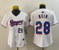 Women's Nike Texas Rangers #28 Jonah Heim White Champions Gold name Blue 28 front Authentic Stitched MLB Jersey