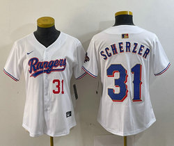 Women's Nike Texas Rangers #31 Max Scherzer White Champions Gold name Red 31 front Authentic Stitched MLB Jersey