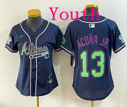 Youth Nike Atlanta Braves #13 Ronald Acuna Jr Navy Galaxy With Outkast and 60 Patch Baseball Jersey