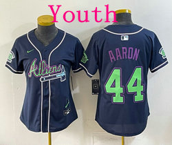 Youth Nike Atlanta Braves #44 Hank Aaron Navy Galaxy With Outkast and 60 Patch Baseball Jersey