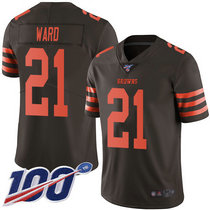 Youth Nike Cleveland Browns #21 Denzel Ward NFL 100th Season Patch Brown Rush Authentic stitched NFL jersey