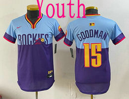 Youth Nike Colorado Rockies #15 Hunter Goodman Purple Light Blue 2025 City Authentic Stitched MLB Jersey
