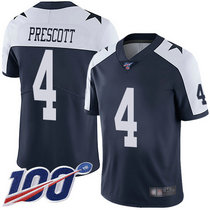 Youth Nike Dallas Cowboys #4 Dak Prescott 100th Season Blue Thanksgiving Vapor Untouchable Authentic Stitched NFL Jersey
