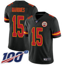 Youth Nike Kansas City Chiefs #15 Patrick Mahomes II With 100th Season Patch Black Rush Authentic stitched NFL jersey