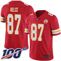 Youth Nike Kansas City Chiefs #87 Travis Kelce With 100th Season Patch Red Vapor Untouchable Limited Authentic Stitched NFL Jersey