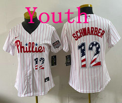 Youth Nike Philadelphia Phillies #12 Kyle Schwarber White (Red Strip) 250 Fourth Of July Stadium Jersey
