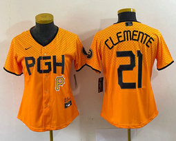 Youth Nike Pittsburgh Pirates #21 Roberto Clemente Gold City P in front Authentic stitched MLB jersey
