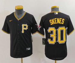 Youth Nike Pittsburgh Pirates #30 Paul Skenes Black P front Game Authentic Stitched MLB Jersey