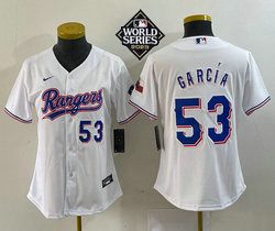 Youth Nike Texas Rangers #53 Adolis Garcia 53 in front 2023 World Series White Authentic Stitched MLB Jersey