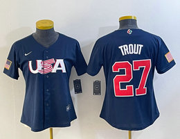 Youth USA Team #27 Mike Trout Blue 2023 World Baseball Classic Authentic Stitched Jersey